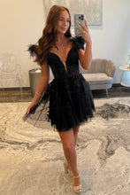 Load image into Gallery viewer, Elegant A Line Off the Shoulder Black Short Homecoming Dress with Feather
