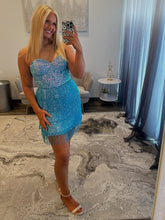 Load image into Gallery viewer, Sparkly Sheath Sweetheart Blue Sequins Short Homecoming Dress with Tassel
