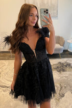 Load image into Gallery viewer, Elegant A Line Off the Shoulder Black Short Homecoming Dress with Feather
