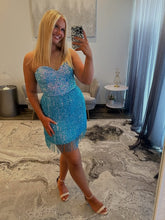 Load image into Gallery viewer, Sparkly Sheath Sweetheart Blue Sequins Short Homecoming Dress with Tassel
