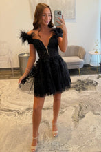 Load image into Gallery viewer, Elegant A Line Off the Shoulder Black Short Homecoming Dress with Feather
