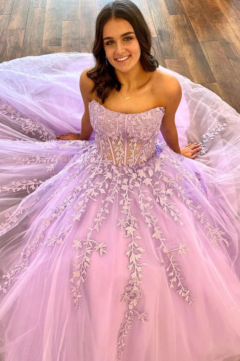 Luuvis Women Stylish A Line Strapless Purple Corset Prom Dress with Appliques Luuvis Women Stylish A Line Strapless Purple Corset Prom Dress with Appliques