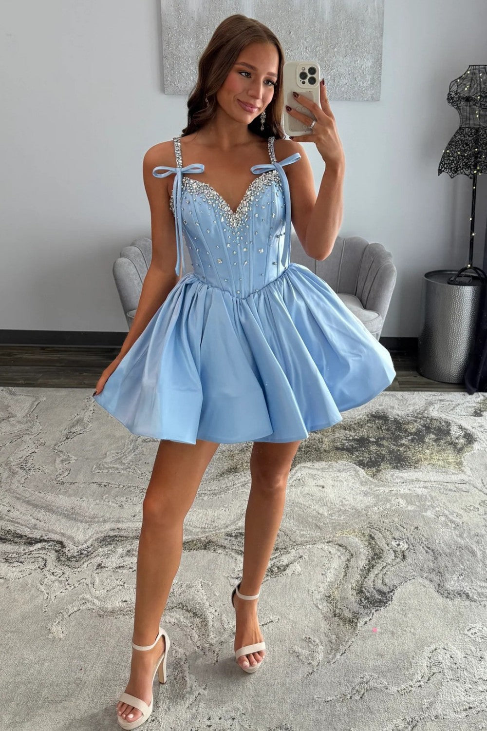 Unique Design A Line Spaghetti Straps Blue Short Homecoming Dress with Beading