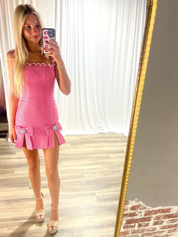 Modern Sheath Spaghetti Straps Pink Short Homecoming Dress with Bowknot