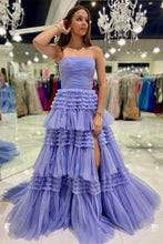 Load image into Gallery viewer, A Line Strapless Fuchsia Long Prom Dress with Ruffles
