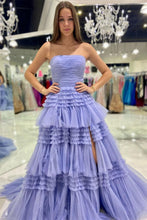 Load image into Gallery viewer, A Line Strapless Fuchsia Long Prom Dress with Ruffles

