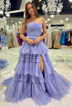 Load image into Gallery viewer, A Line Strapless Fuchsia Long Prom Dress with Ruffles
