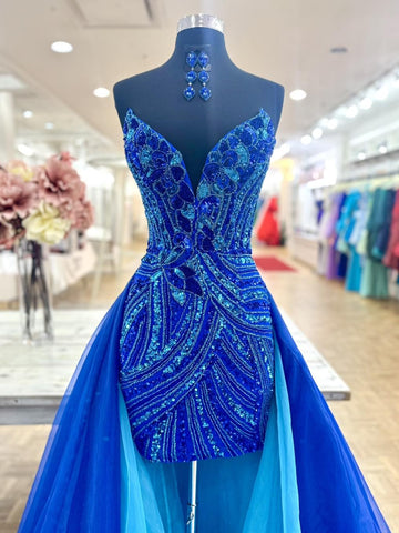 Beautiful Sheath Sweetheart Royal Blue Sequins Short Homecoming Dress with Court Train