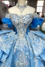 Load image into Gallery viewer, Luxurious A Line Off the Shoulder Blue Quinceanera Dress with Beading Bowknot
