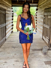 Load image into Gallery viewer, Glitter Black Bodycon Straps Short Tight Beaded Homecoming Dress
