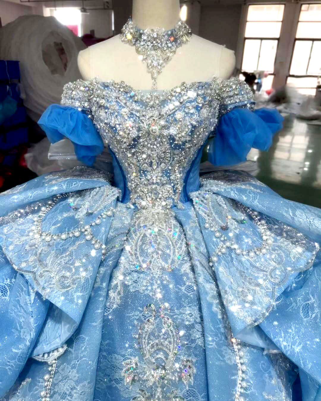 Luuvis Women Blue Quinceanera Dress Luxurious A Line Off the Shoulder Party  Dress with Beading Bowknot