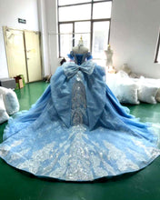 Load image into Gallery viewer, Luxurious A Line Off the Shoulder Blue Quinceanera Dress with Beading Bowknot
