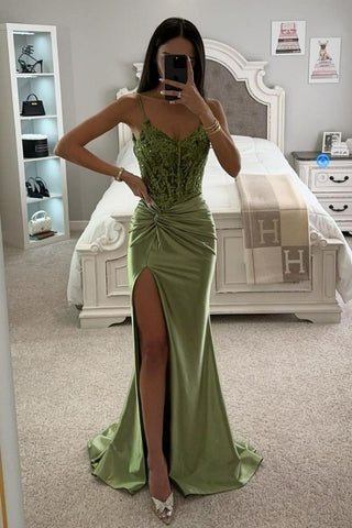 Glitter Sage Green Mermaid Spaghetti Straps Long Satin Prom Dress With Slit
