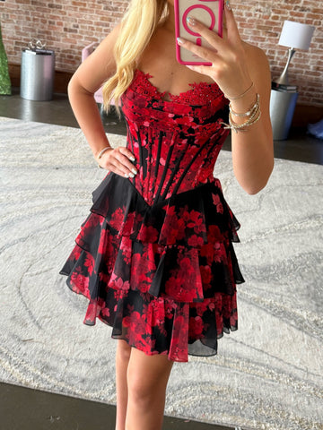 Chic A Line Sweetheart Red Printed Short Homecoming Dress with Ruffles