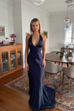 Load image into Gallery viewer, Trendy Sheath Halter Neck Purple Long Party Dress with Open Back Bowknot
