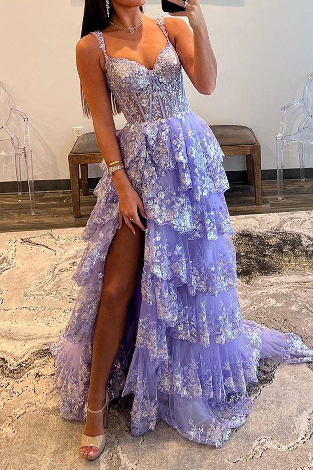 Luuvis Women Light Purple Corset Prom Dress Gorgeous A Line Sweetheart  Formal Dress with Ruffles