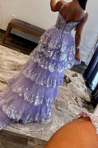 Gorgeous A Line Sweetheart Light Purple Corset Prom Dress with Ruffles