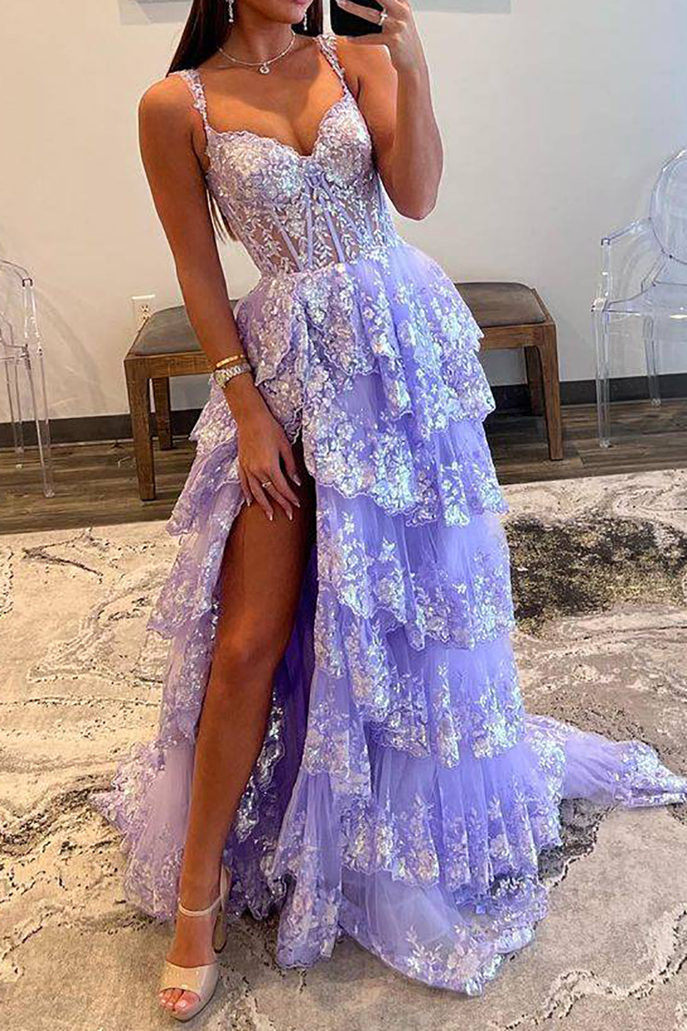 Luuvis Women Light Purple Corset Prom Dress Gorgeous A Line Sweetheart  Formal Dress with Ruffles