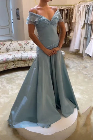 Retro Style A Line Off the Shoulder Grey Blue Long Party Dress with Ruffles
