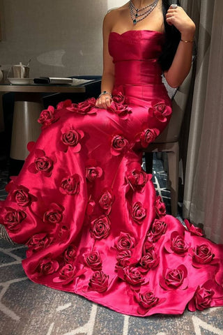Charming A Line Strapless Red Long Party Dress with 3D Flowers