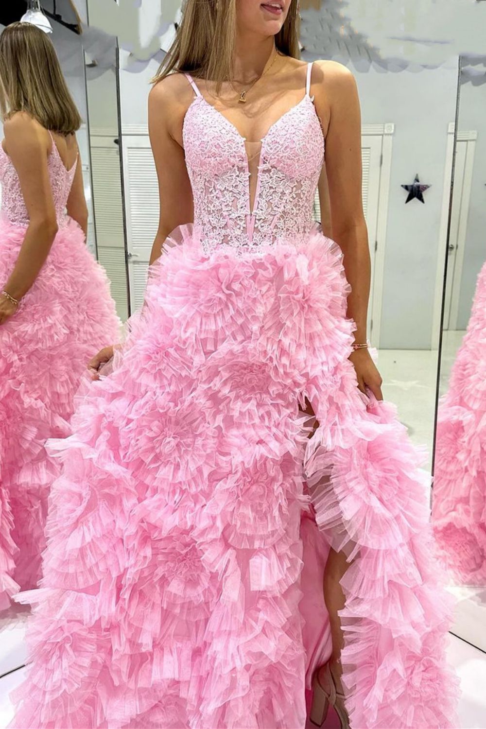 Luuvis Gorgeous A Line Spaghetti Straps Pink Corset Prom Dress with 3D