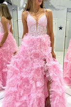 Load image into Gallery viewer, Gorgeous A Line Spaghetti Straps Pink Corset Prom Dress with 3D Flowers