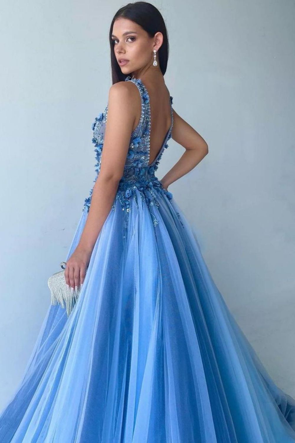 Luuvis Gorgeous A Line Deep V Neck Blue Long Prom Dress with Appliques