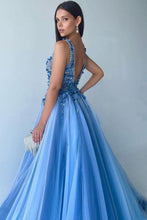 Load image into Gallery viewer, Gorgeous A Line Deep V Neck Blue Long Prom Dress with Appliques