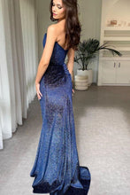 Load image into Gallery viewer, Sparkly A Line Strapless Navy Sequins Long Prom Dress with Split Front
