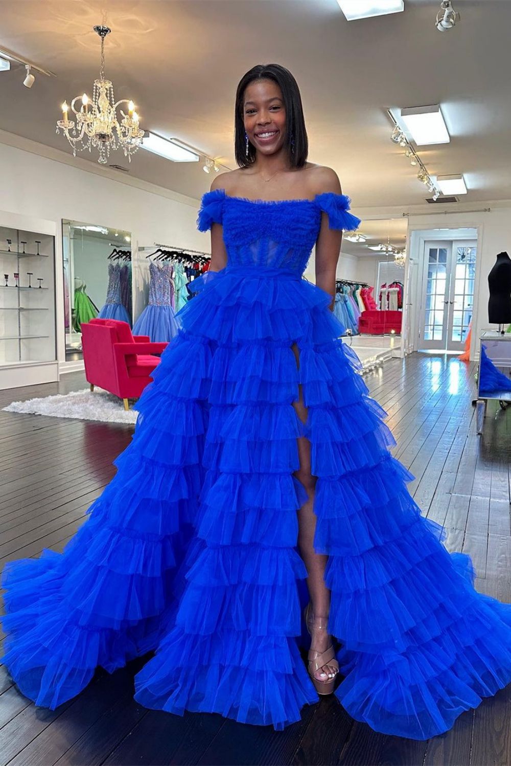 corset ruffle prom dress Luuvis Red Charming A Line Off the Shoulder Formal Dress with Ruffles print812 from the back Zara Brown Flowy Midi Color:Sea Blue Floral