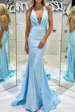Load image into Gallery viewer, Trendy Mermaid Halter Neck Blue Long Prom Dress with Backless
