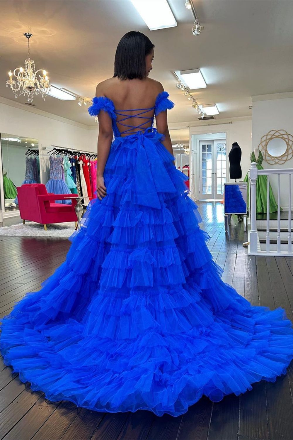 Ruffles Off the Shoulder Corset A-line Blue Prom Dress main image 1