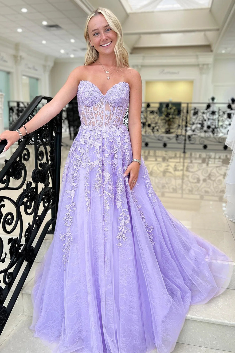 Luuvis Purple Corset Prom Dress Chic A Line Sweetheart Formal Dress with Appliques