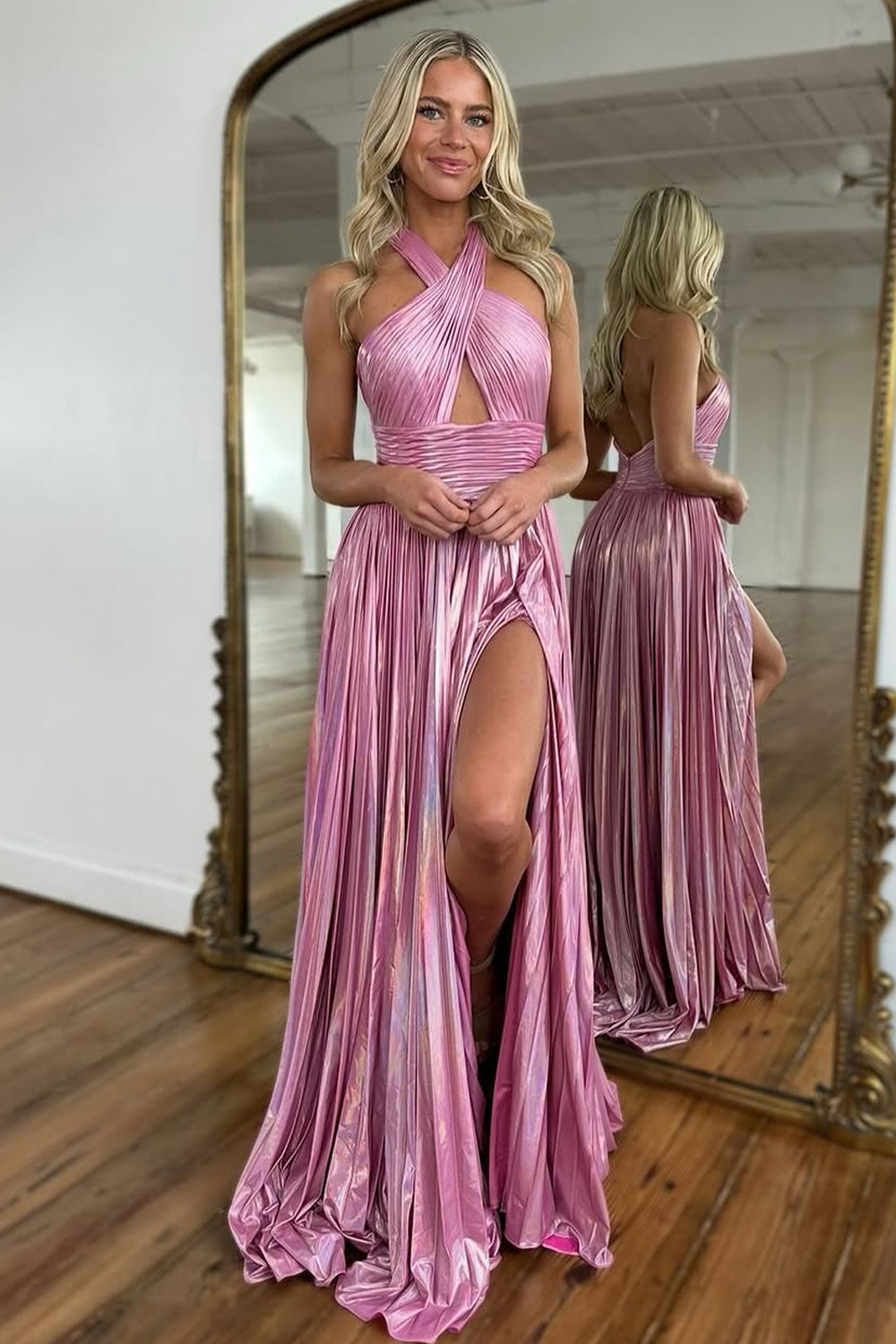 Luuvis Women Peacock Blue Halter Neck A-Line Long Metallic Prom Dress With Slit Luuvis Women Peacock Blue Halter Neck A-Line Long Metallic Prom Dress With Slit