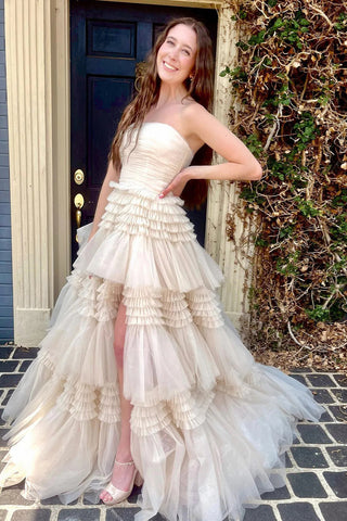 Trendy A Line Strapless Apricot Long Prom Dress with Ruffles