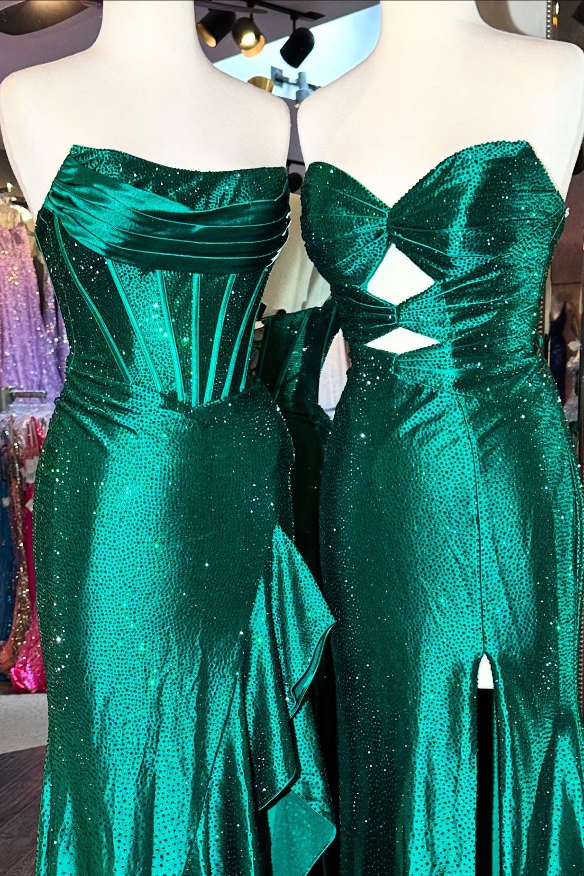 Sweet Mermaid Strapless Mint Satin Prom Dress with Hot-Fix Rhinestone AB26040510