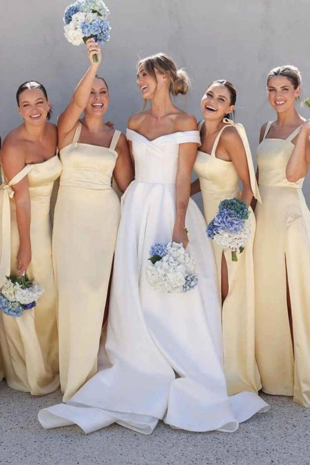 Simple Sheath Spaghetti Straps Yellow Long Bridesmaid Dress with Split Front
