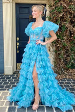 Load image into Gallery viewer, Charming A Line Sweetheart Blue Corset Prom Dress with Short Sleeves
