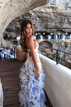 Load image into Gallery viewer, Charming A Line Spaghetti Straps Blue Floral Printed Long Party Dress
