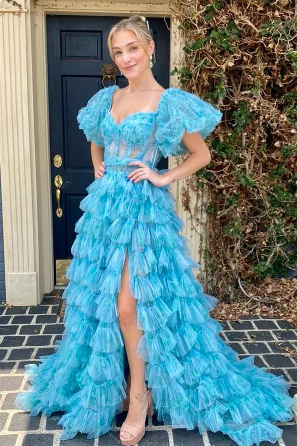 Charming A Line Sweetheart Blue Corset Prom Dress with Short Sleeves