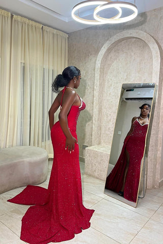 Hot Mermaid Spaghetti Straps Red Long Party Dress with Beading