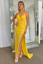 Load image into Gallery viewer, Sparkly Mermaid Spaghetti Straps Yellow Sequins Long Prom Dress with Split Front
