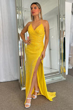 Load image into Gallery viewer, Sparkly Mermaid Spaghetti Straps Yellow Sequins Long Prom Dress with Split Front