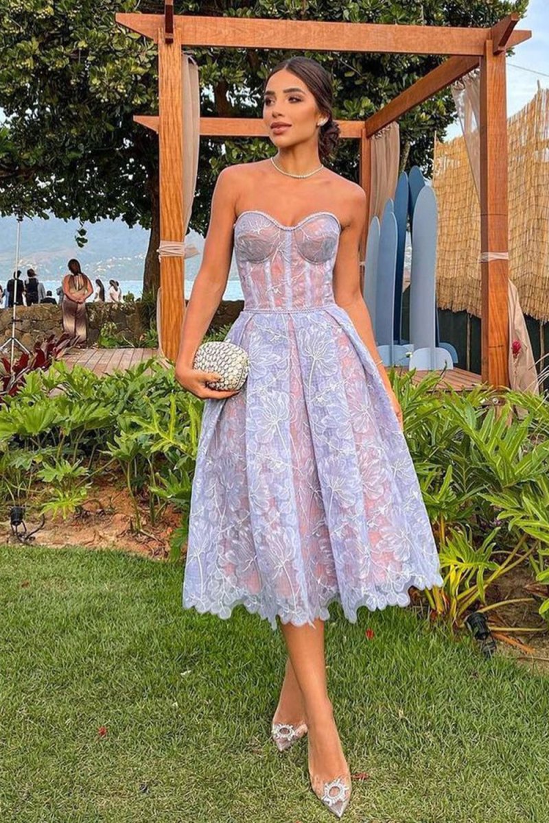 Luuvis Women Charming A Line Sweetheart Lilac Tulle Tea Length Party Dress with Appliques Luuvis Women Charming A Line Sweetheart Lilac Tulle Tea Length Party Dress with Appliques