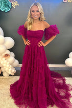 Load image into Gallery viewer, Stunning A Line Strapless Fuchsia Corset Prom Dress with Sweep Train
