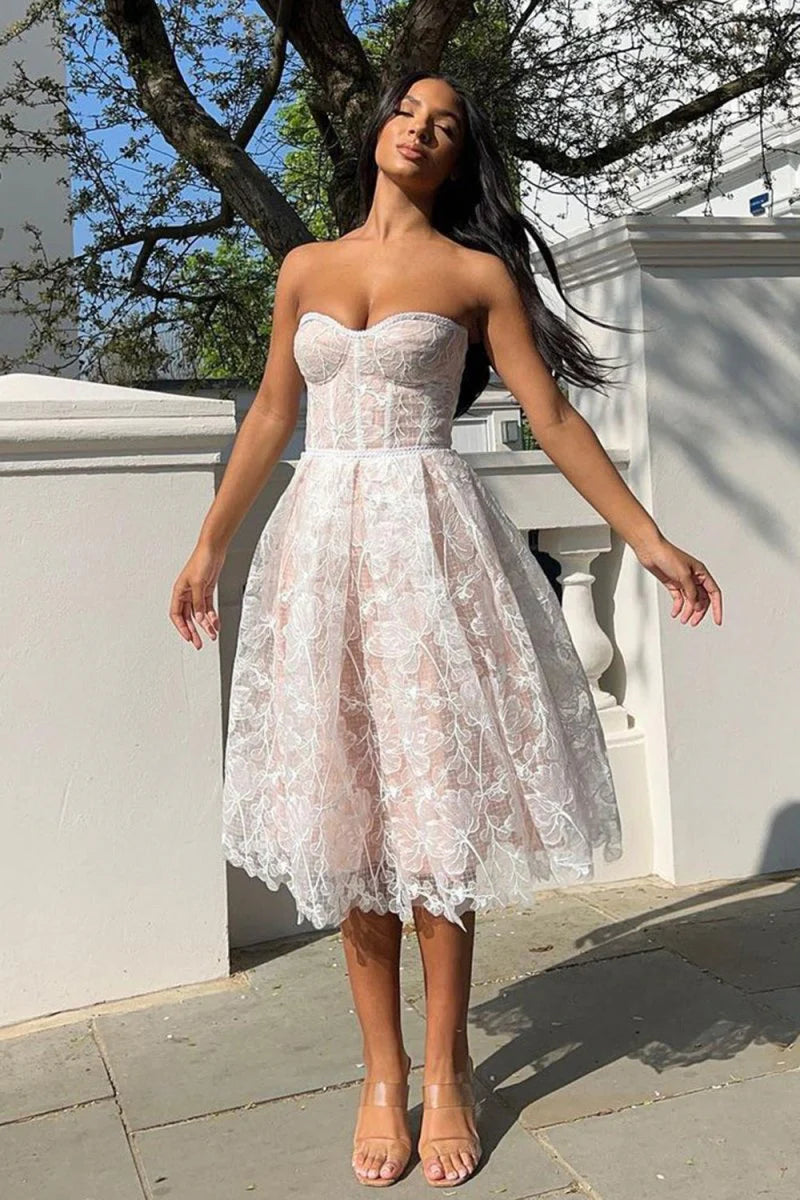 open lace back dress Luuvis Women Charming A Line Sweetheart Lilac Tulle Tea Length Party Dress  with Appliques