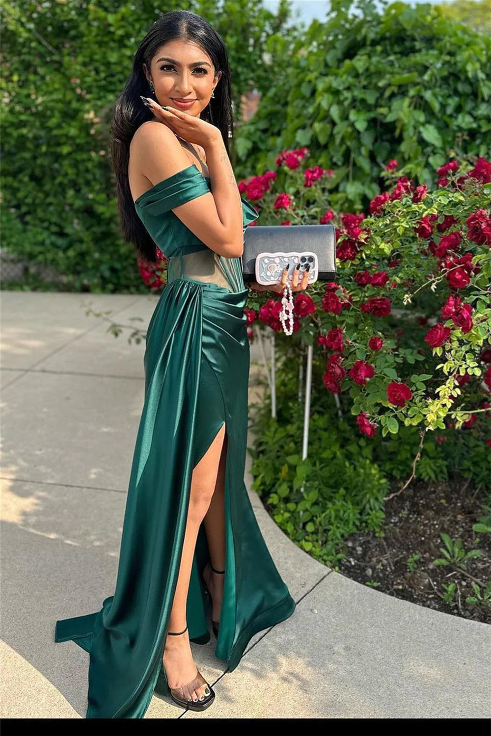 Luuvis Women Dark Green Corset Prom Dress Stylish Mermaid Off the Shoulder Formal  Dress with Split Front