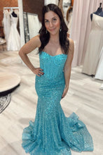 Load image into Gallery viewer, Sparkly Mermaid Sweetheart Blue Corset Prom Dress with Beading
