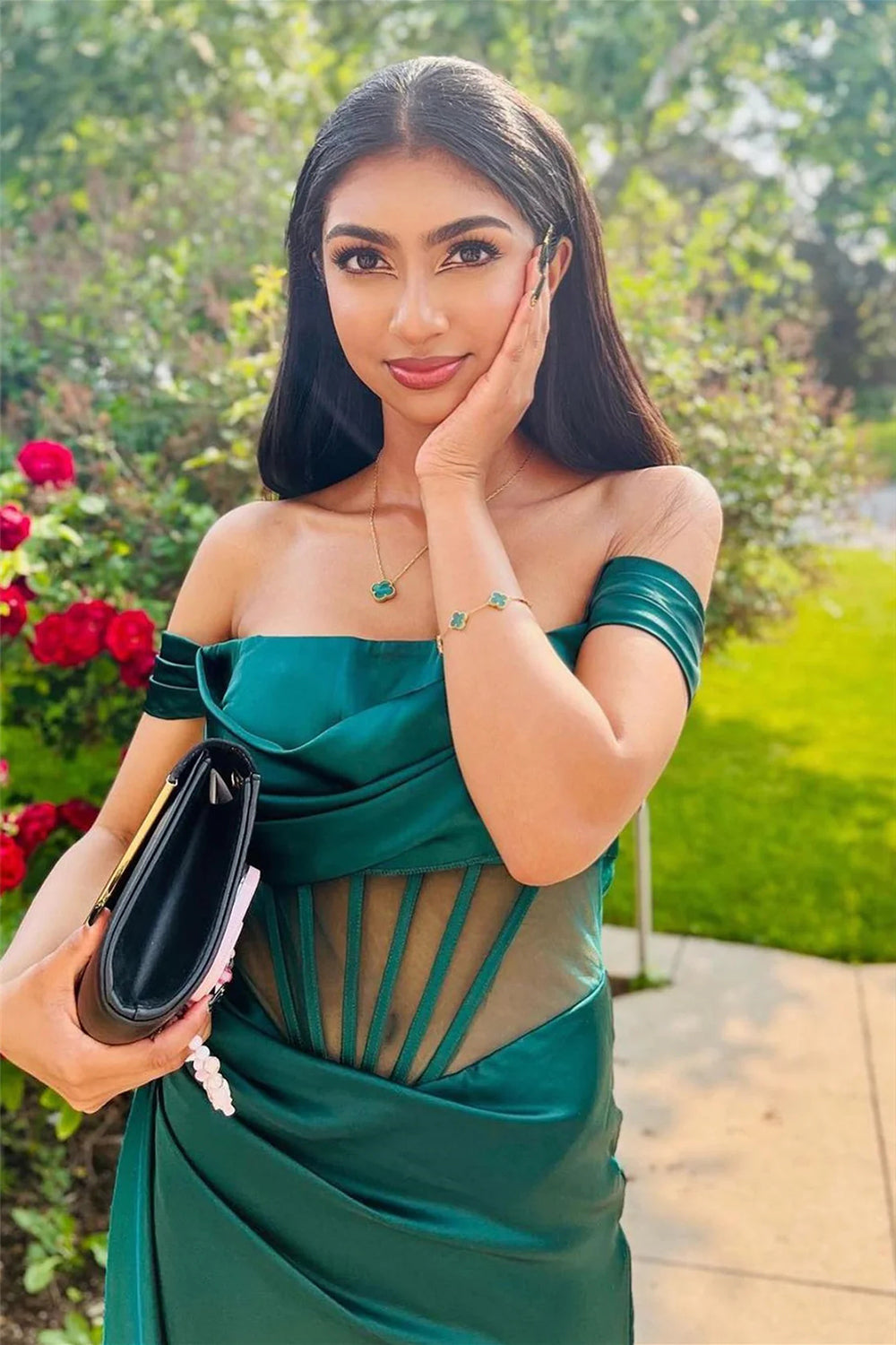 dark green bustier dress Dark Green Scoop Neck Satin Dress With Mesh Corset Back And Seamline D main image 1