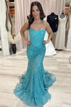Load image into Gallery viewer, Sparkly Mermaid Sweetheart Blue Corset Prom Dress with Beading
